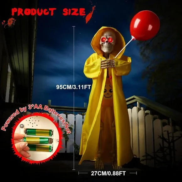 Terrifying Life-Size Animated Skeleton with Red Balloon – Halloween Outdoor Prop
